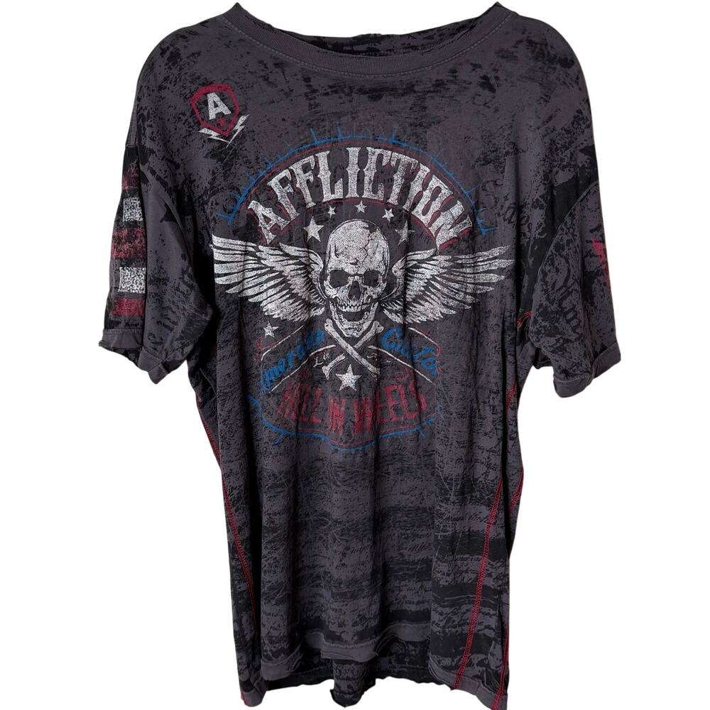 Affliction Live Fast Skull Wings Graphic T Shirt Men's Large Black Tagless Biker